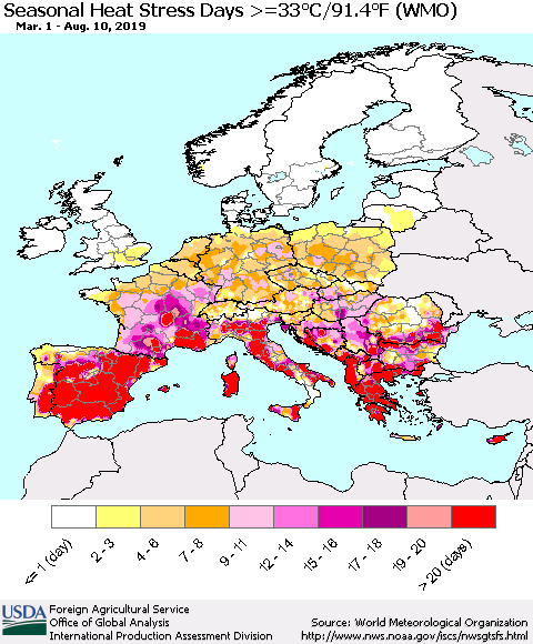 Europe Seasonal Heat Stress Days >=35°C/95°F (WMO) Thematic Map For 3/1/2019 - 8/10/2019