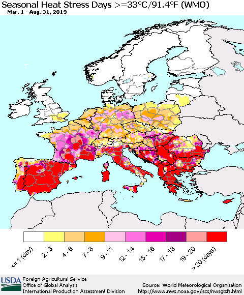 Europe Seasonal Heat Stress Days >=35°C/95°F (WMO) Thematic Map For 3/1/2019 - 8/31/2019