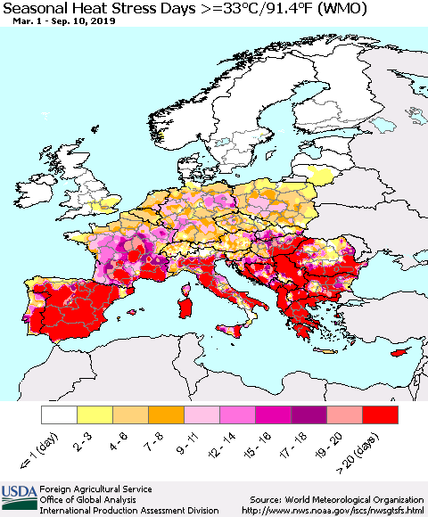 Europe Seasonal Heat Stress Days >=35°C/95°F (WMO) Thematic Map For 3/1/2019 - 9/10/2019