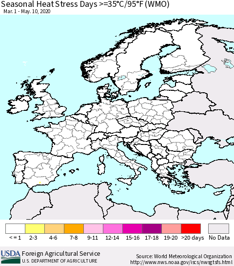 Europe Seasonal Heat Stress Days >=35°C/95°F (WMO) Thematic Map For 3/1/2020 - 5/10/2020