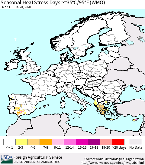 Europe Seasonal Heat Stress Days >=35°C/95°F (WMO) Thematic Map For 3/1/2020 - 6/20/2020