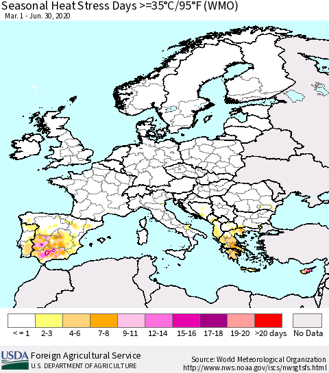 Europe Seasonal Heat Stress Days >=35°C/95°F (WMO) Thematic Map For 3/1/2020 - 6/30/2020
