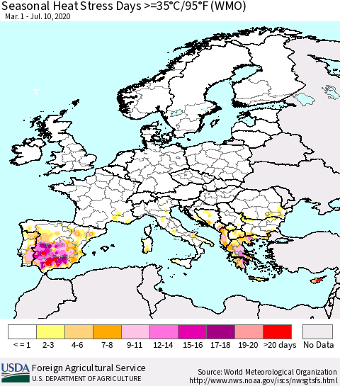 Europe Seasonal Heat Stress Days >=35°C/95°F (WMO) Thematic Map For 3/1/2020 - 7/10/2020