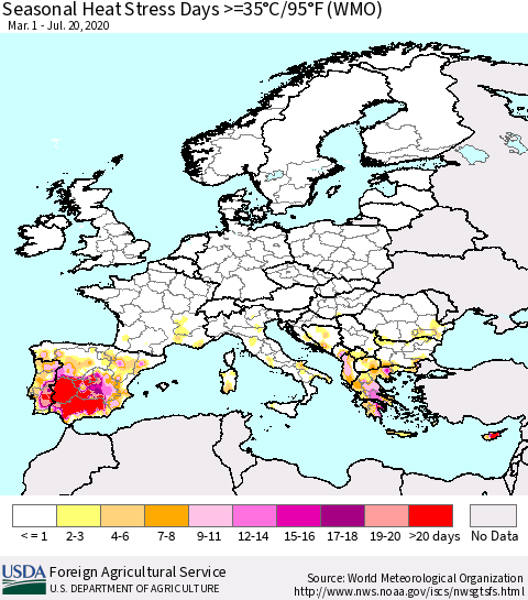Europe Seasonal Heat Stress Days >=35°C/95°F (WMO) Thematic Map For 3/1/2020 - 7/20/2020