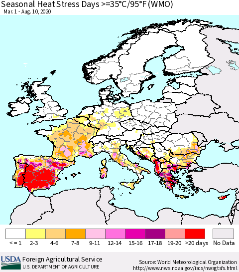 Europe Seasonal Heat Stress Days >=35°C/95°F (WMO) Thematic Map For 3/1/2020 - 8/10/2020