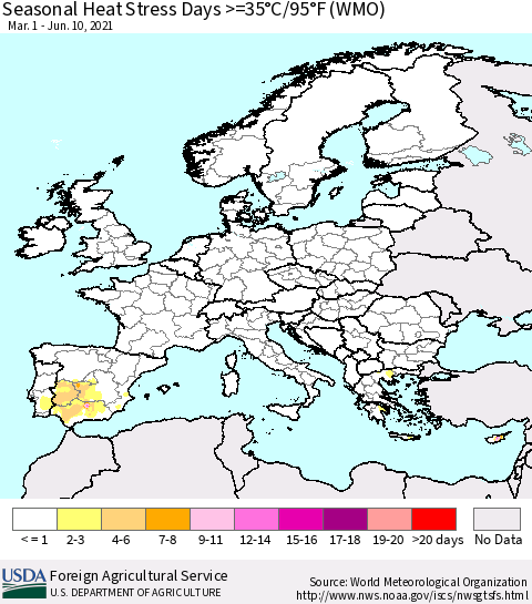Europe Seasonal Heat Stress Days >=35°C/95°F (WMO) Thematic Map For 3/1/2021 - 6/10/2021