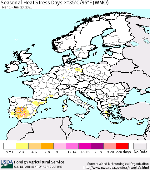 Europe Seasonal Heat Stress Days >=35°C/95°F (WMO) Thematic Map For 3/1/2021 - 6/20/2021