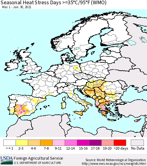 Europe Seasonal Heat Stress Days >=35°C/95°F (WMO) Thematic Map For 3/1/2021 - 6/30/2021