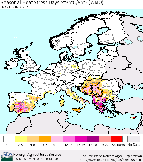 Europe Seasonal Heat Stress Days >=35°C/95°F (WMO) Thematic Map For 3/1/2021 - 7/10/2021
