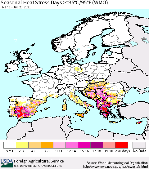 Europe Seasonal Heat Stress Days >=35°C/95°F (WMO) Thematic Map For 3/1/2021 - 7/20/2021