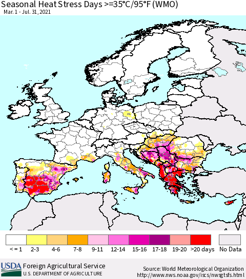 Europe Seasonal Heat Stress Days >=35°C/95°F (WMO) Thematic Map For 3/1/2021 - 7/31/2021