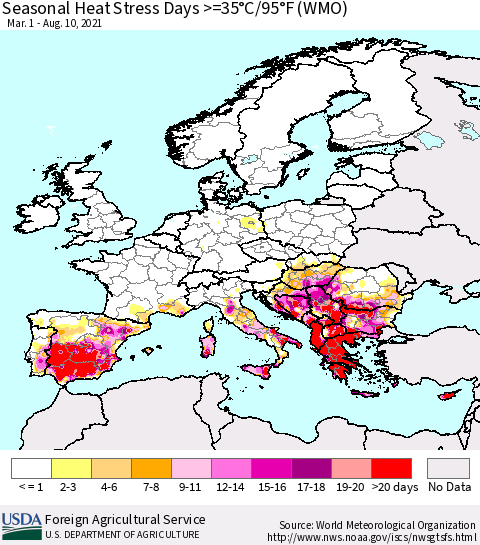 Europe Seasonal Heat Stress Days >=35°C/95°F (WMO) Thematic Map For 3/1/2021 - 8/10/2021
