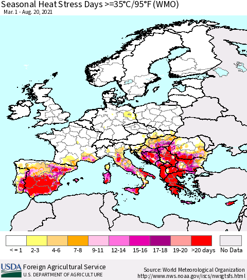 Europe Seasonal Heat Stress Days >=35°C/95°F (WMO) Thematic Map For 3/1/2021 - 8/20/2021