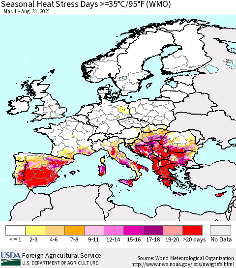 Europe Seasonal Heat Stress Days >=35°C/95°F (WMO) Thematic Map For 3/1/2021 - 8/31/2021