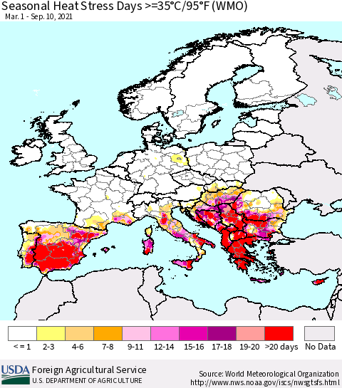 Europe Seasonal Heat Stress Days >=35°C/95°F (WMO) Thematic Map For 3/1/2021 - 9/10/2021