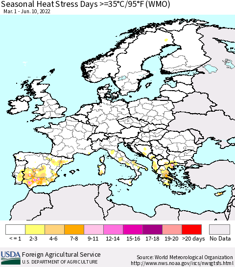 Europe Seasonal Heat Stress Days >=35°C/95°F (WMO) Thematic Map For 3/1/2022 - 6/10/2022