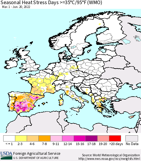 Europe Seasonal Heat Stress Days >=35°C/95°F (WMO) Thematic Map For 3/1/2022 - 6/20/2022