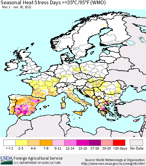 Europe Seasonal Heat Stress Days >=35°C/95°F (WMO) Thematic Map For 3/1/2022 - 6/30/2022