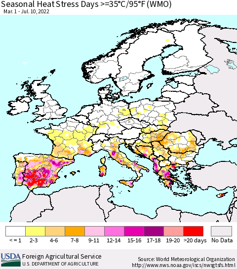 Europe Seasonal Heat Stress Days >=35°C/95°F (WMO) Thematic Map For 3/1/2022 - 7/10/2022