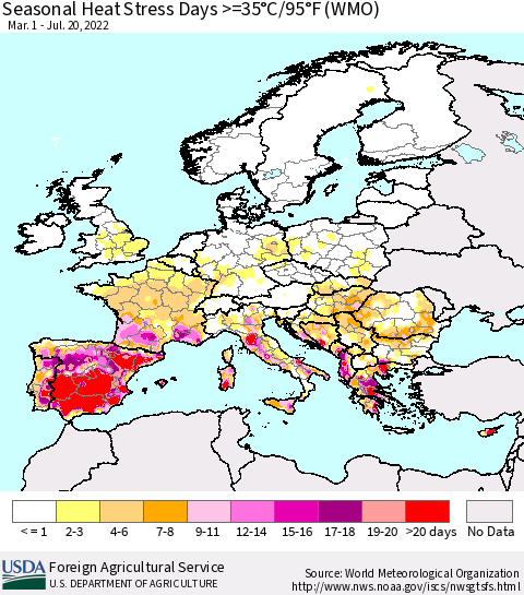 Europe Seasonal Heat Stress Days >=35°C/95°F (WMO) Thematic Map For 3/1/2022 - 7/20/2022