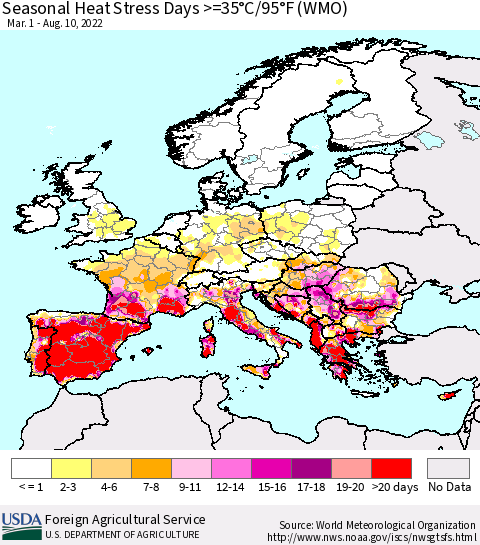 Europe Seasonal Heat Stress Days >=35°C/95°F (WMO) Thematic Map For 3/1/2022 - 8/10/2022