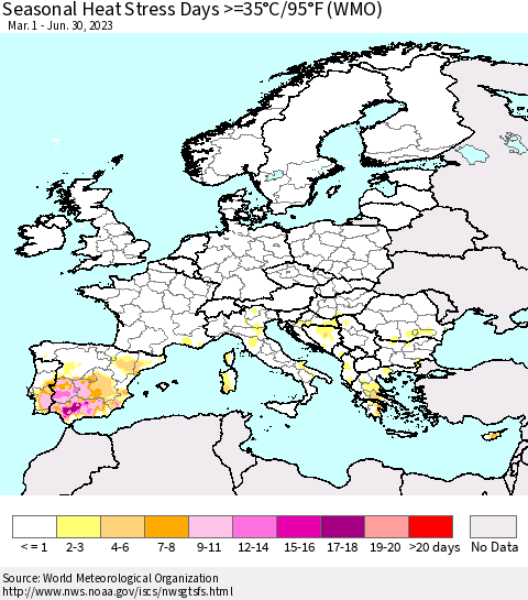 Europe Seasonal Heat Stress Days >=35°C/95°F (WMO) Thematic Map For 3/1/2023 - 6/30/2023