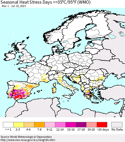 Europe Seasonal Heat Stress Days >=35°C/95°F (WMO) Thematic Map For 3/1/2023 - 7/10/2023
