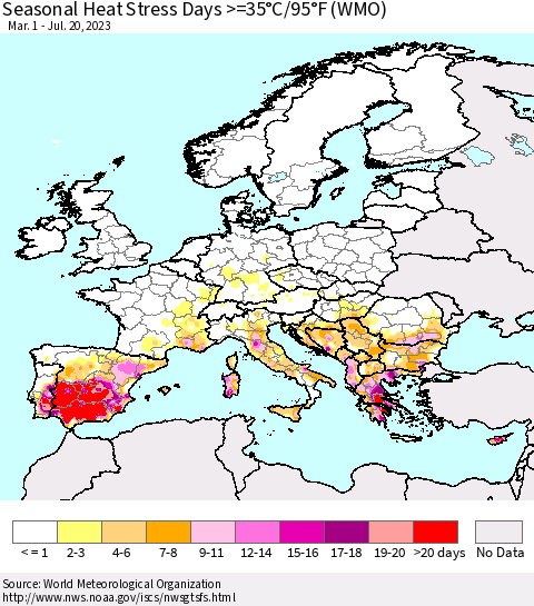 Europe Seasonal Heat Stress Days >=35°C/95°F (WMO) Thematic Map For 3/1/2023 - 7/20/2023