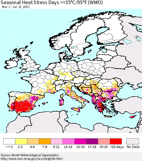 Europe Seasonal Heat Stress Days >=35°C/95°F (WMO) Thematic Map For 3/1/2023 - 7/31/2023