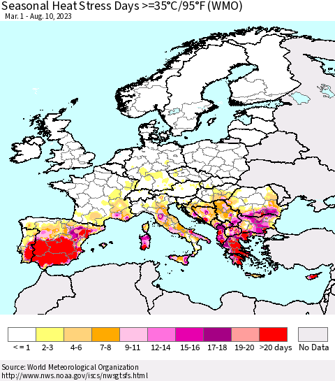 Europe Seasonal Heat Stress Days >=35°C/95°F (WMO) Thematic Map For 3/1/2023 - 8/10/2023