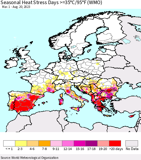 Europe Seasonal Heat Stress Days >=35°C/95°F (WMO) Thematic Map For 3/1/2023 - 8/20/2023