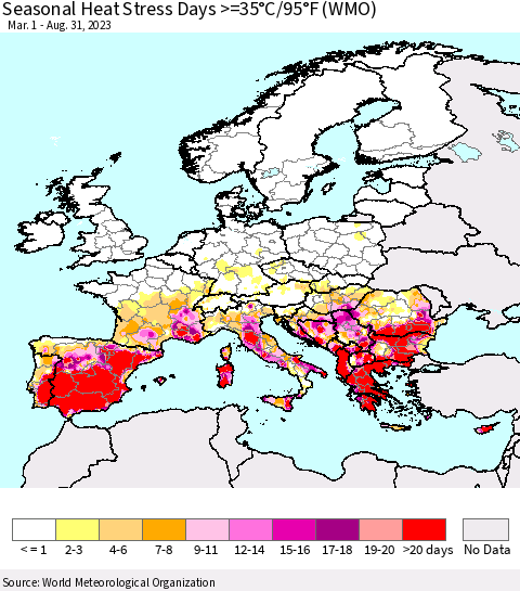 Europe Seasonal Heat Stress Days >=35°C/95°F (WMO) Thematic Map For 3/1/2023 - 8/31/2023