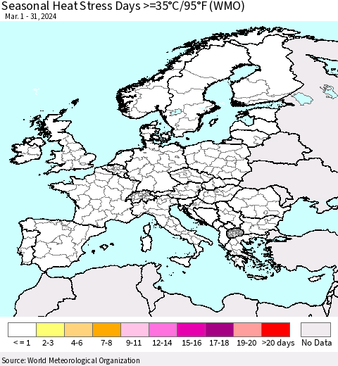 Europe Seasonal Heat Stress Days >=35°C/95°F (WMO) Thematic Map For 3/1/2024 - 3/31/2024