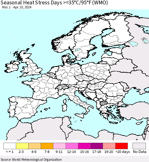 Europe Seasonal Heat Stress Days >=35°C/95°F (WMO) Thematic Map For 3/1/2024 - 4/10/2024