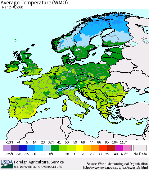 Europe Average Temperature (WMO) Thematic Map For 3/2/2020 - 3/8/2020