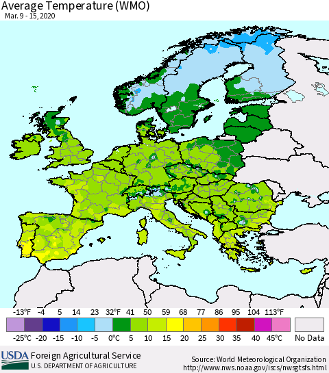 Europe Average Temperature (WMO) Thematic Map For 3/9/2020 - 3/15/2020