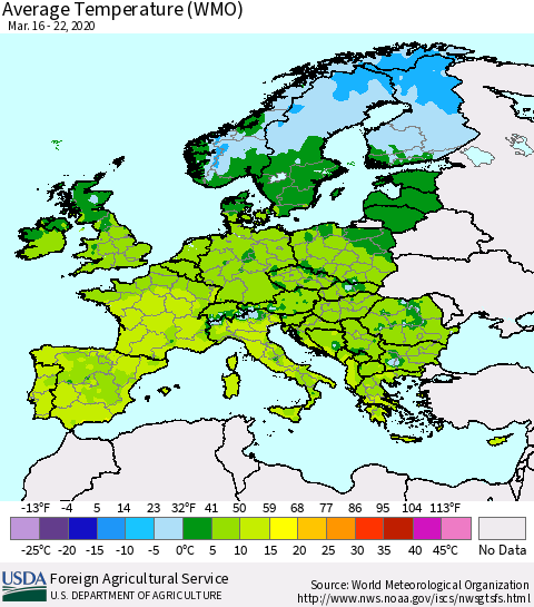 Europe Average Temperature (WMO) Thematic Map For 3/16/2020 - 3/22/2020