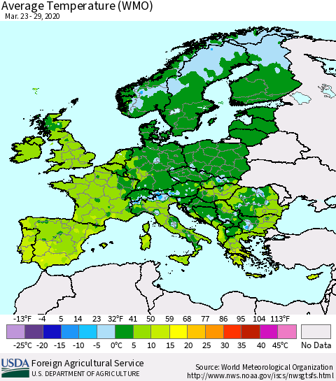 Europe Average Temperature (WMO) Thematic Map For 3/23/2020 - 3/29/2020
