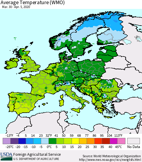 Europe Average Temperature (WMO) Thematic Map For 3/30/2020 - 4/5/2020