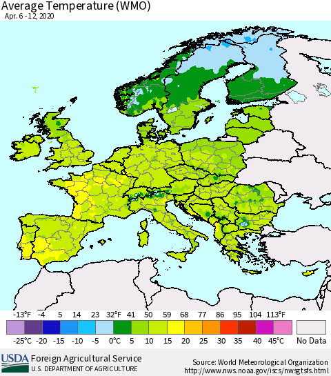 Europe Average Temperature (WMO) Thematic Map For 4/6/2020 - 4/12/2020
