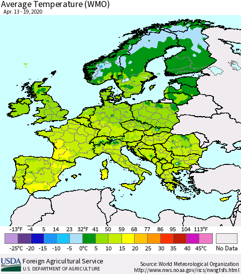Europe Average Temperature (WMO) Thematic Map For 4/13/2020 - 4/19/2020