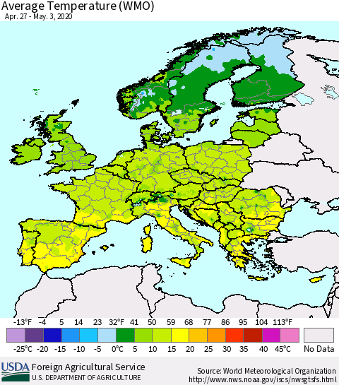 Europe Average Temperature (WMO) Thematic Map For 4/27/2020 - 5/3/2020