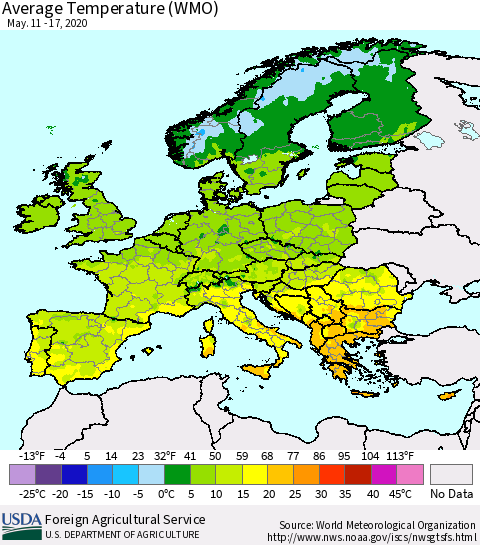 Europe Average Temperature (WMO) Thematic Map For 5/11/2020 - 5/17/2020