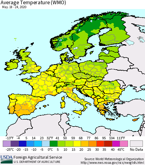 Europe Average Temperature (WMO) Thematic Map For 5/18/2020 - 5/24/2020