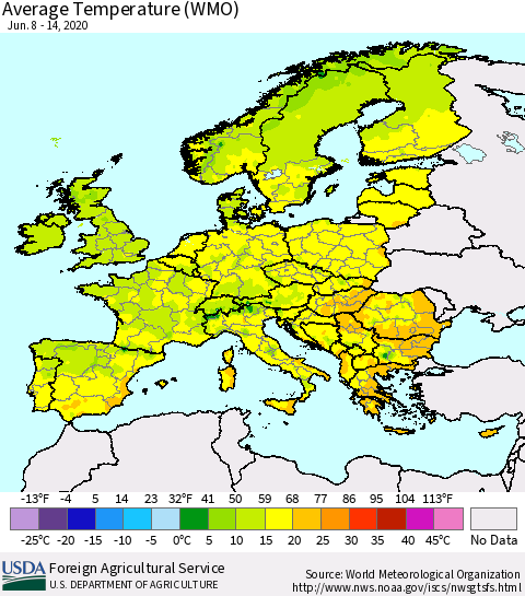 Europe Average Temperature (WMO) Thematic Map For 6/8/2020 - 6/14/2020