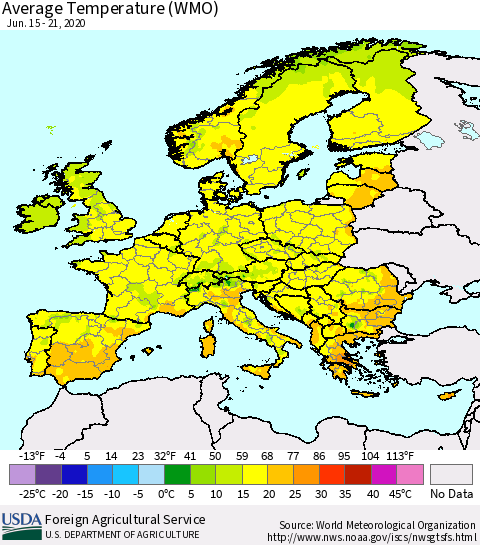 Europe Average Temperature (WMO) Thematic Map For 6/15/2020 - 6/21/2020