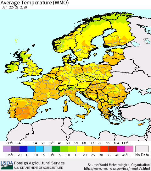 Europe Average Temperature (WMO) Thematic Map For 6/22/2020 - 6/28/2020