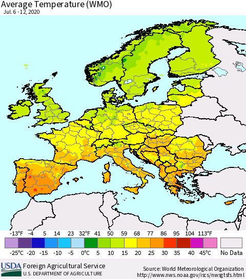 Europe Average Temperature (WMO) Thematic Map For 7/6/2020 - 7/12/2020