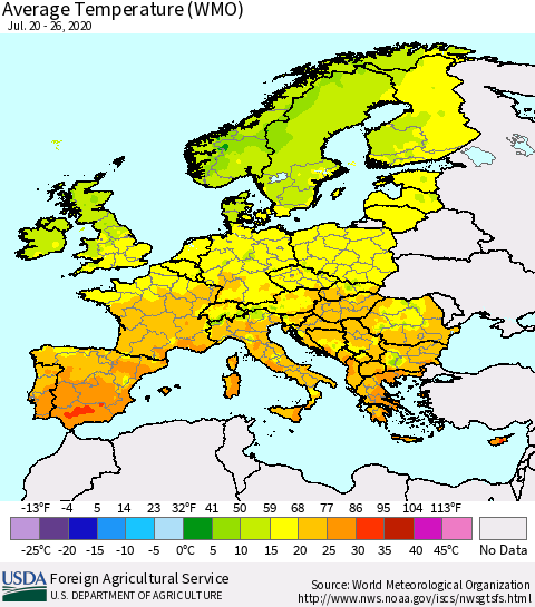 Europe Average Temperature (WMO) Thematic Map For 7/20/2020 - 7/26/2020