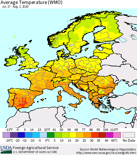Europe Average Temperature (WMO) Thematic Map For 7/27/2020 - 8/2/2020